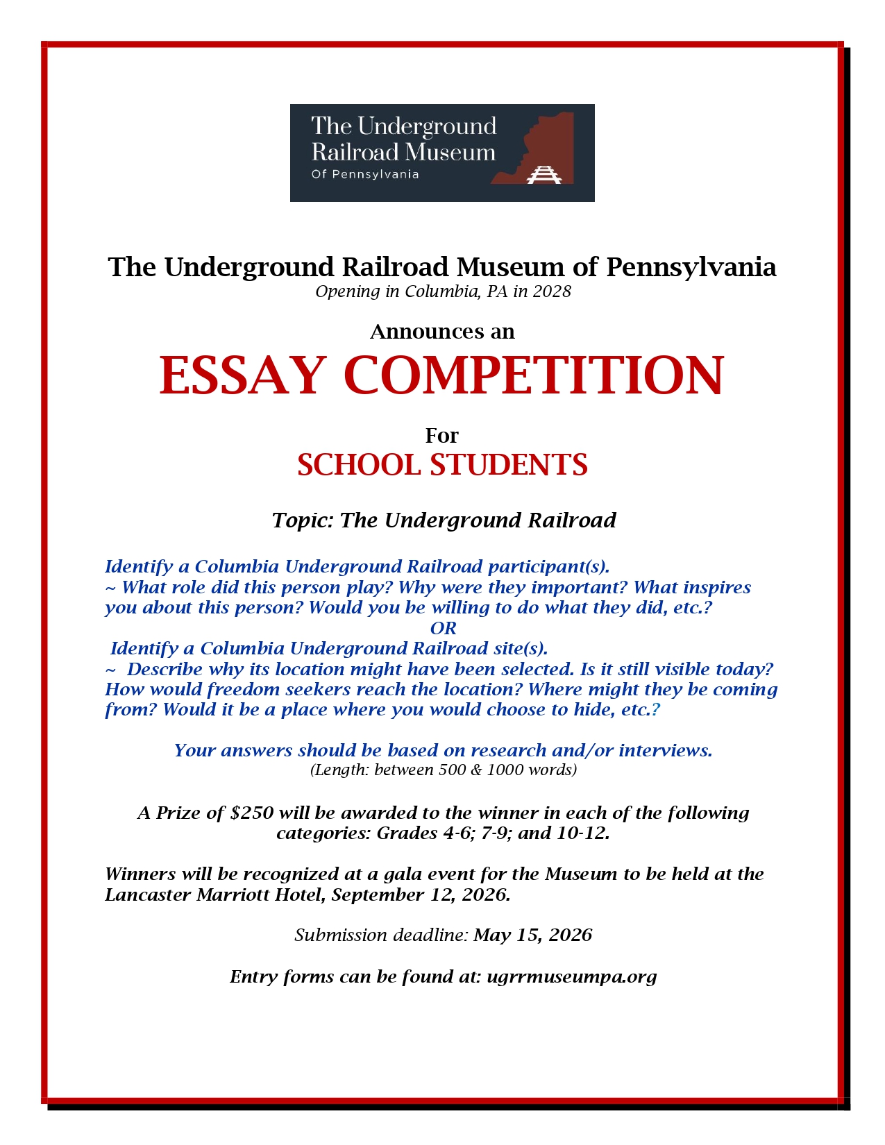Essay Entries Essay Contest - Underground Railroad Museum of Pennsylvania | Columbia, PA